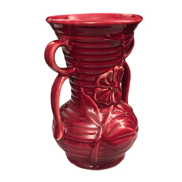 Shawnee Pottery USA Ribbed Daisy Flower Vase Cranberry Red Double Handle 7.5" - Picture 3 of 14